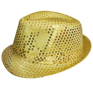 GOLD UNISEX SEQUIN FEDORA HAT TRILBY MJ FANCY DRESS HEN PARTY STAG DO GANGSTER - Picture 1 of 1
