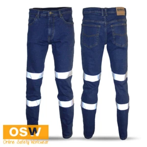Mens Denim Cotton Stretch SLIM FIT Reflective Dual Biomotion Work Jeans Pants - Picture 1 of 4