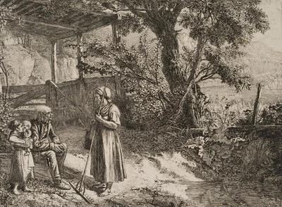 J. ERHARD (1795-1822), Die Bäuerin mit dem Rechen,  1819, Radierung Romantik - Bild 1 von 4