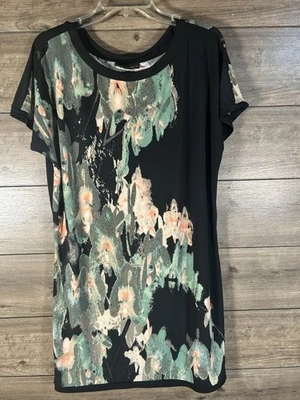 Dana Bachman Tunic Dress XL Green/Peach “Watercolor” On Black - Image 1 of 3