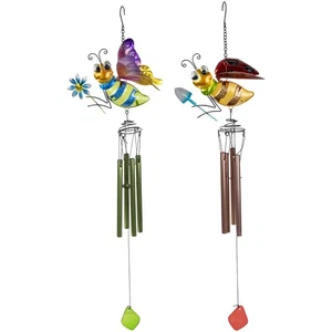 Northlight Pink and Green Bees Outdoor Garden Windchimes - 30" - Set of 2 - Picture 1 of 6