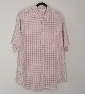 Brooks Brothers Orange Check Irish Linen Slim Fit Short Sleeve Shirt Size XL - Image 1 of 4