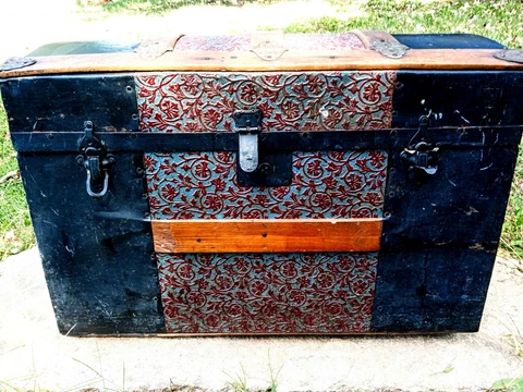 Late 1800s Metal  DOME STEAMER TRUNK - embroider zinc floral Leather Handles Cover