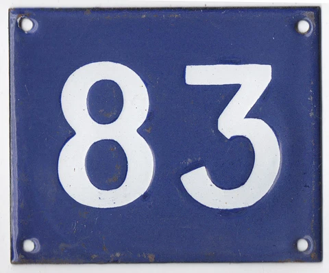 Old Australian used house number 83 door gate enamel metal sign in French blue Cover