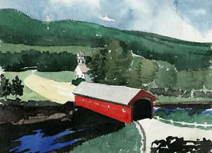 Puente cubierto West Arlington. Paisaje clásico de Vermont. Tarjetas de notas de acuarela - Imagen 1 de 2