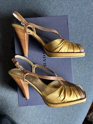 Prada Vintage Sandal 10.5 /40.5 Gold Brown Calzature Donna Raso Calf Ocra 1K8371 - Image 1 of 4