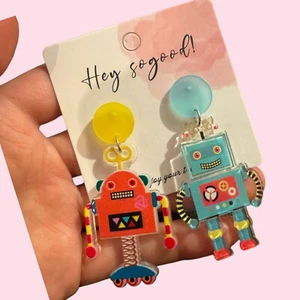 Kitsch Chubby Robot Pastel Peach Blue Novelty Funky Dangle Earrings Quirky Nerd - Picture 1 of 4