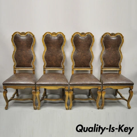 Italian Baroque Rococo Carved Wood Brown Reptile Print Dining Chairs - Set of 4 Cover