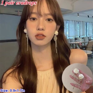 Women White Rose Eardrops Pearl Dangle Earrings Stud for Gift Party Vintage - Picture 1 of 6