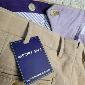 Henry Sage Pants Men's 34 x 37* Beige Check Linen Pima The Ultimate Trouser NEW - Picture 1 of 15