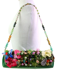 Mary Frances EMBELLISHMENT BEADED GREEN REAL LEATHER SHOULDER BAG HANDBAG PURSE - Picture 1 of 17