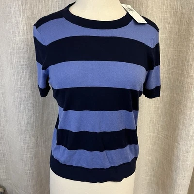 全新带标签 Lauren Ralph Lauren 条纹航海短袖毛衣蓝色 L 沿海 — 第 1/4 张图片