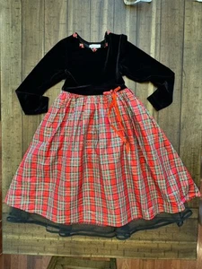 Sz 8 Girls Vintage Bonnie Jean Black Velvet Red Plaid Full Skirt Dress Crinoline - Picture 1 of 10