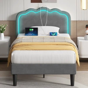 Upholstered Twin Size Bed Frame with Headboard Adjustable, LED Lights, USB-A ... - Picture 1 of 7