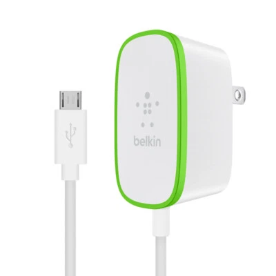 Belkin 6' Boost Up 家用充电器 Micro-USB 充电线 12W/2.4 安培 白色 绿色 — 第 1/2 张图片