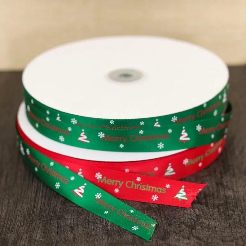 100yd/90m 20mm Green Red Merry Christmas Gift Wrapping Satin Polyester Ribbons - Изображение 1 из 4