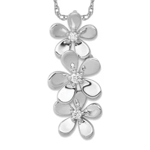 14K Solid White Gold Diamond 3 Flower Floating Chain Slide Necklace - Picture 1 of 3