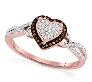 10K Rose Gold Red & White Diamond Heart Ring Halo Cluster .20ct - Picture 1 of 3