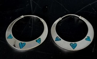 Pendientes de aro vintage de plata esterlina artesanales con mosaico turquesa corazón 10 gm excelentes Foto 1 de 4