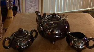 Japanese Redware Brown Moriage Floral Tea 3 Pc Set W/ Metal Handle 4.5’ Vintage - Picture 1 of 6