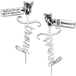 Women's Stainless Steel Strong Cross Necklace-Ephesians 6:10 - Picture 1 of 3