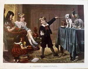 Grabado litográfico con impresión artística antigua de Feliz Navidad de 1899 - Imagen 1 de 3