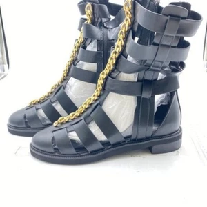 Women's Gladiator Sandal Flat Strap Sandals Black Metal Chain Short Boots - Picture 1 of 7