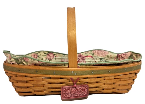 Longaberger 2001 Peony Basket w/Fabric Liner & Plastic Liner Ceramic Dangle COA Cover