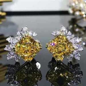 3Ct Princess Cut Lab-Created Yellow Citrine Stud Earrings 14K White Gold Plated - Picture 1 of 3