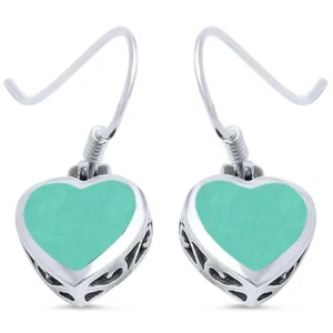 925 Sterling Silver Green Turquoise Heart Earrings - Picture 1 of 1