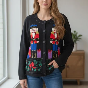 Vintage Bobbie Brooks M Nussknacker Weihnachten Strickjacke Pullover schwarz verziert - Bild 1 von 14