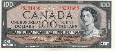 Bank of Canada 1954 $100 Hundred Dollars Lawson-Bouey B/J Prefix EF/AU - Image 1 of 2