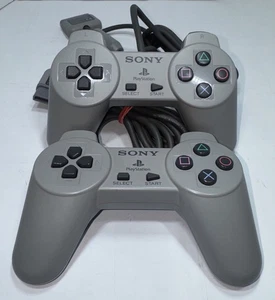 2x OEM Sony PlayStation One PS1 Gray Wired Controllers Cleaned Tested & Works - Picture 1 of 13