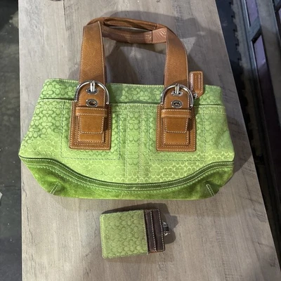 Coach Tote Bag Green Womens Large Signature Soho Y2k Canvas Leather Suede Purse  - Image 1 of 4