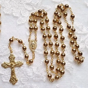 All Gold Druk Czech Glass Bead Rosary in Gold - Picture 1 of 8