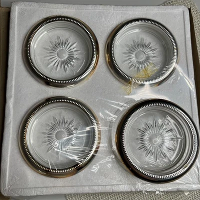 Vintage Silver Plated Glass Coasters Set of 4 Italy Sunburst Design in Box - Image 1 of 4