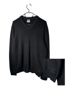 CHANEL Uniform Mens Sweater Logo Black Wool V-Neck Gray Italy Designer Size L - Picture 1 of 10