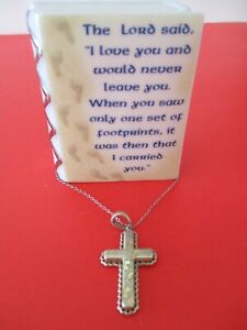 STERLING SILVER💖 CROSS NECKLACE W/14K GOLD FOOTPRINTS~+~With Porcelain Box✨