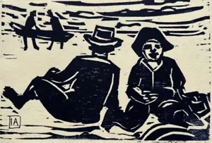 IAN ARMSTRONG AUSTRALIAN SMALL LINOCUT "A DAY AT THE BEACH" 1996 - Foto 1 di 4