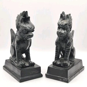 Chinese Hand Carved Black Jade Foo Dog Dragon Lion Figurines Pair Vintage - Picture 1 of 24