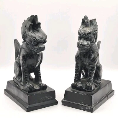 Chinese Hand Carved Black Jade Foo Dog Dragon Lion Figurines Pair Vintage  - Image 1 of 4
