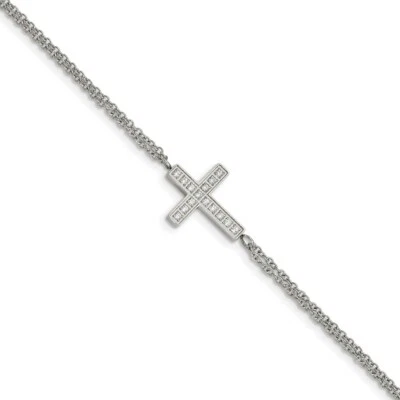 Stainless Steel Polished with CZ Cross 6.25in with 2in ext. Bracelet - Image 1 of 4