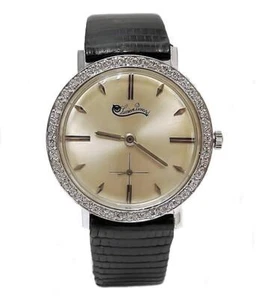 VINTAGE 14k WHITE GOLD LUCIEN PICCARD 1/2ct DIAMOND SILVER LEATHER WATCH 33m - Picture 1 of 12