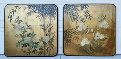 Пара японских картин 20 века две деревянные панели — птицы и бабочки - Изображение 1 из 4