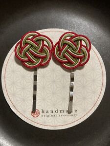 Pair of Handmade Japanese Mizuhiki red green silver flower hair pins