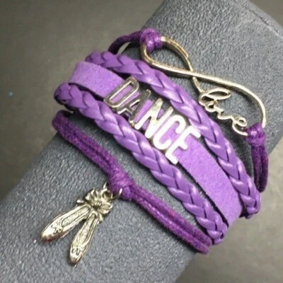 Pulsera de ballet de baile púrpura zapatos de amor dijes plateados cuero trenza multihiebra Foto 1 de 4