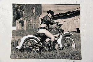 8x10 inch sepia photo of a babe in boots on a Harley Flathead! - Picture 1 of 1