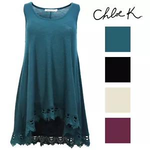 Chloe K Womens Sleeveless Flowy Lace Bottom Tank Top - Picture 1 of 9