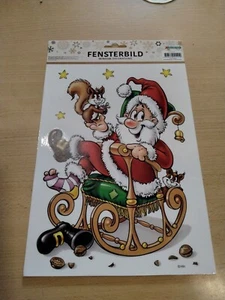 XL Kinder Fensterbild BUNT Weihnachtsmann im Schaukelstuhl mit Eichhörnchen - Bild 1 von 2