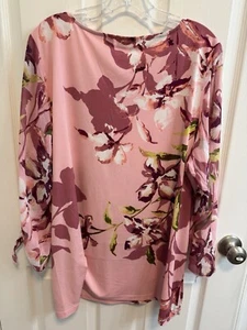 Susan Graver XL Pink Floral Tunic Top Sheer Sleeves Lined Round Neck New - Picture 1 of 12